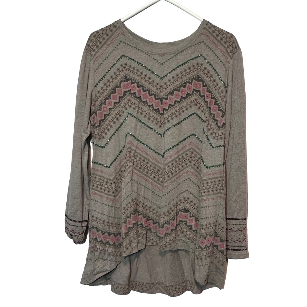 Double D Ranch Womens Large Taupe Beaded Southwestern Chevron High Low Tunic Top